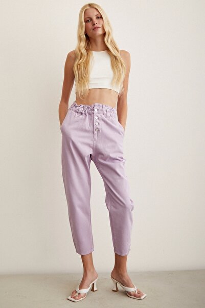 TRENDQUEL Blugi Boyfriend cu talie elastică, cu nasturi, mov