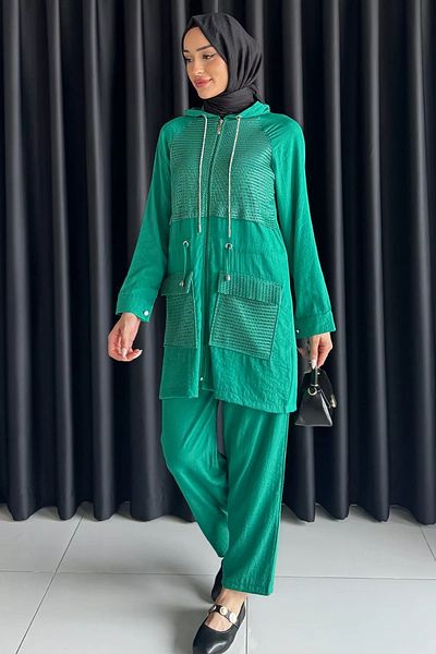 julude Πράσινο κουκούλα με δαντέλα Λεπτομερές Hijab Παντελόνι Σετ δύο τεμαχίων