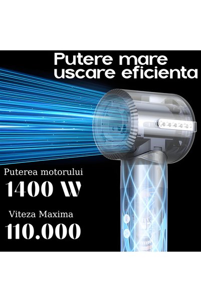ATOMKIT Uscator de par 7 in 1, Ionizare, 1400W, Efect Coanda, 110000 rpm, Salon la tine acasa, Negru