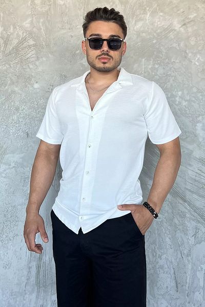 MİSHAR İTALİA Ανδρικό κοντομάνικο πουκάμισο Cream Apaş Slim Fit