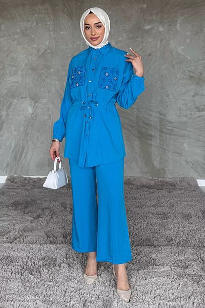 julude Set de două piese pentru pantaloni hijab cu șireturi în talie brodate cu buzunar albastru