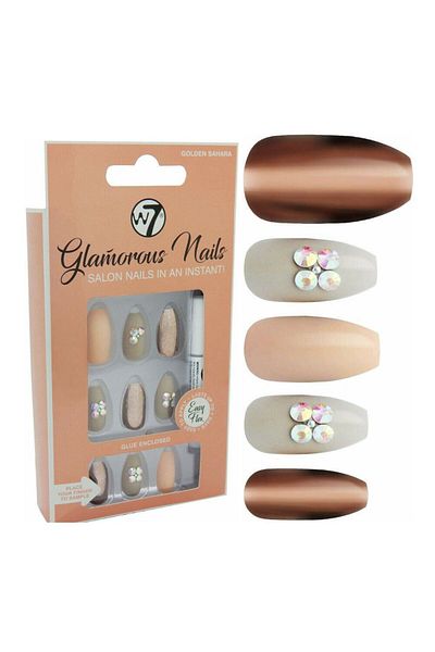 w7 Kit 24 Unghii False W7 Glamorous Nails, Golden Sahara, cu lipici și pilă de unghii incluse