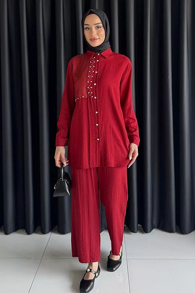 julude Σετ δύο τεμαχίων με παντελόνι Hijab Rhinestone με δαντέλα μπορντό