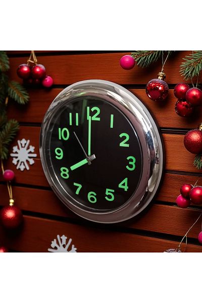 Bahat Phosphorescent Chrome Metallic Look Silver Color Small Wall Clock Diameter 25 cm
