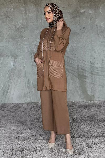 julude Μπεζ κουκούλα με δαντέλα Λεπτομερές Hijab Παντελόνι Σετ δύο τεμαχίων