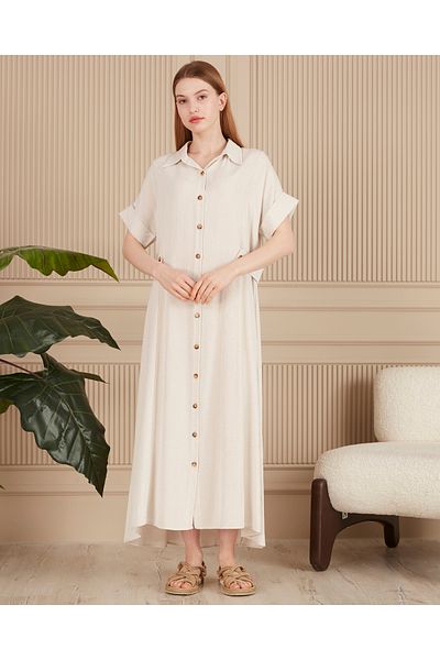 EL jadida Women's Buttoned Plus Size Linen Dress Beige