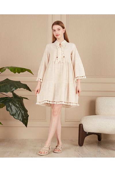 EL jadida Women's Embroidered Tassel Detailed Plus Size Linen Dress Beige