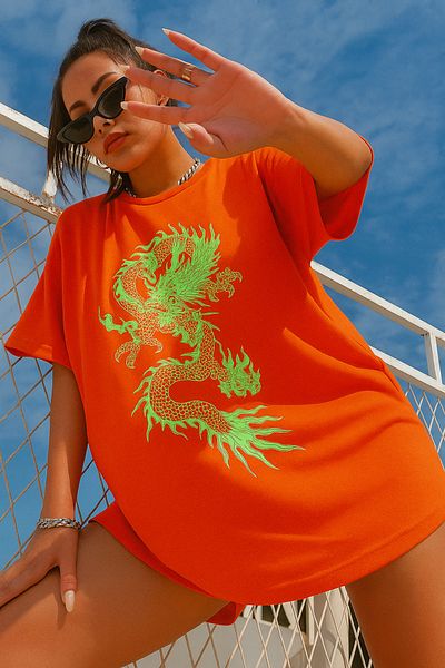 BENROMA 1 προϊόν δώρο για αγορές 6 και άνω Dragon Printed Oversize T-shirt