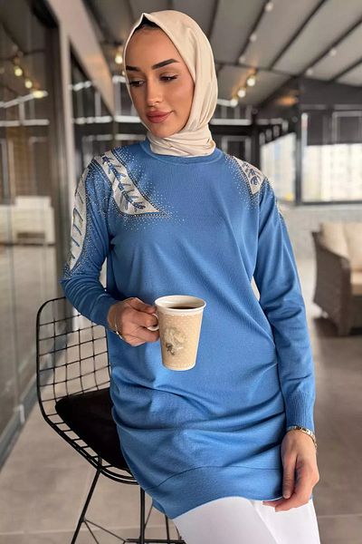 julude Tunica de tricotaj Hijab cu decolteu brodat cu piatră albastră
