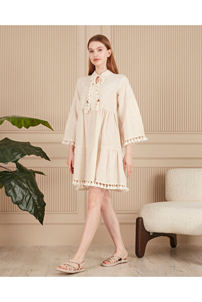 EL jadida Women's Embroidered Tassel Detailed Plus Size Linen Dress Beige