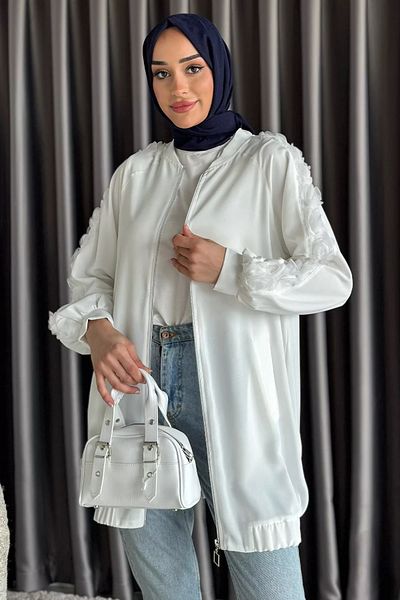 julude Κρεμ μανίκια Τούλι Λεπτομερές Καπάκι Hijab