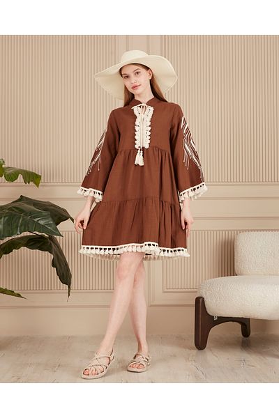 EL jadida Women's Embroidered Tassel Detailed Plus Size Linen Dress Brown