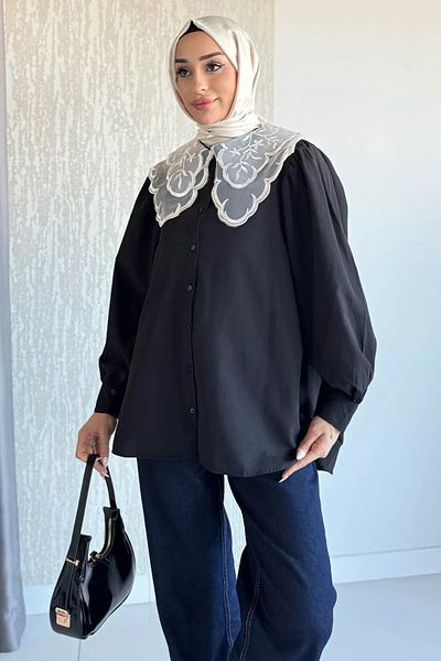 julude Μαύρο γιακά Τούλι Κεντημένο Πουκάμισο Hijab