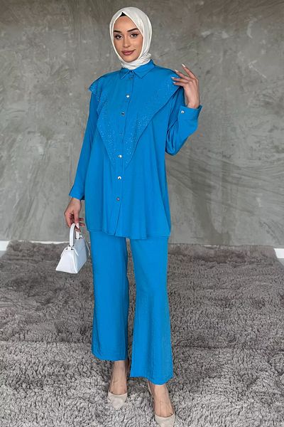 julude Set de două piese cu pantaloni hijab cu piatră pliată în față albastră