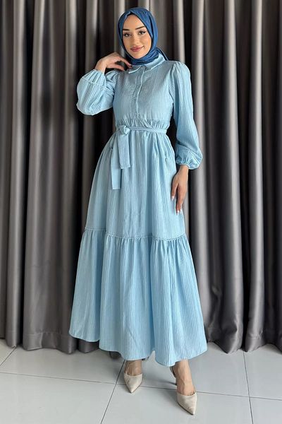 julude Rochie hijab pliată cu volane, cu jumătate de nasturi în față albastră
