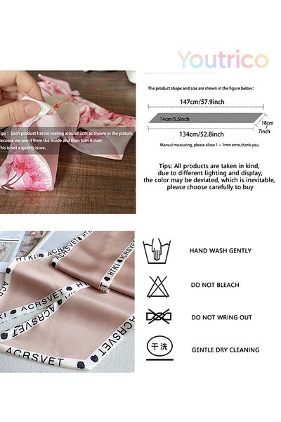 Youtrico Long silk scarves,Headbands,Colour-block stitching,147cm