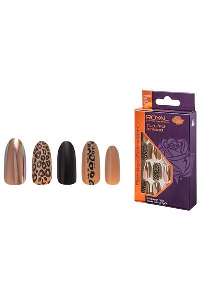 Royal Set de 24 de unghii false ROYAL Prestige Collection, vârfuri lipibile, culoarea migdalelor Purr-Fect, lipici inclus