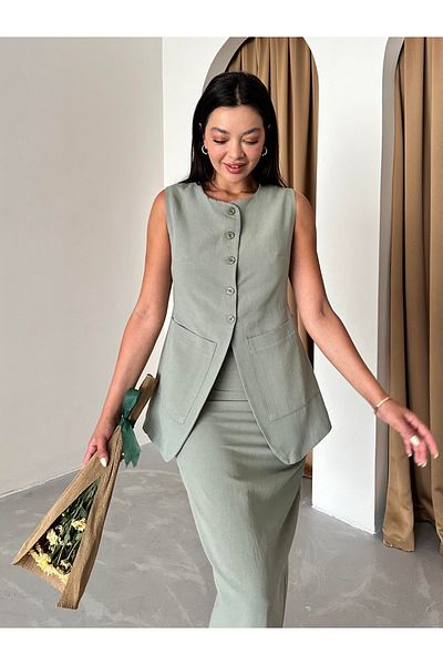 My Blog Khaki 100% Linen Slit Pencil Skirt Vest Suit - 8337