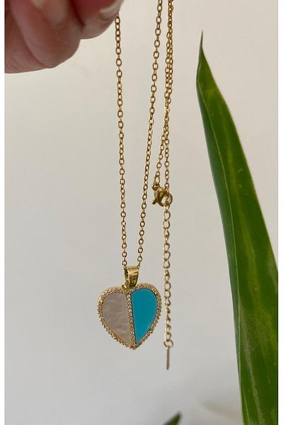 marsel aksesuar Heart Model White Blue Steel Gold Necklace