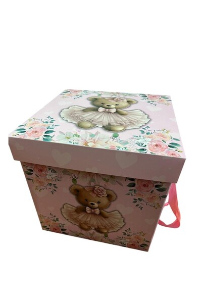 Botez Cutie pentru transport trusou ursulet roz, 29x29x29 cm