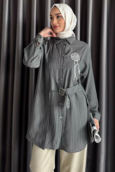 julude Καφέ Γκρι Πέτρα Κεντημένη Ζώνη Hijab Τουνίκ