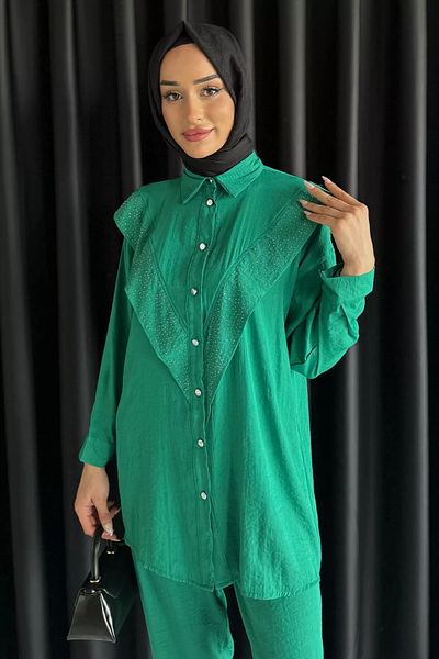 julude Πράσινο Παντελόνι Hijab με Πέτρα Διπλό Σετ