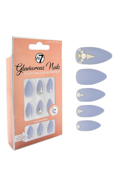 w7 Kit 24 Unghii False W7 Glamorous Nails, Lavender Fields, cu lipici și pilă de unghii incluse