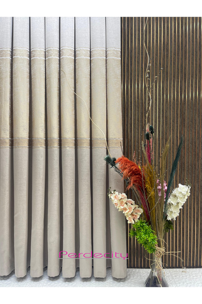 PERDECITY hermes cream gold panel φόντο κουρτίνα 1x3 συντομής πτυχής βαρύ γκραμάζ για όλα τα δωμάτια σας