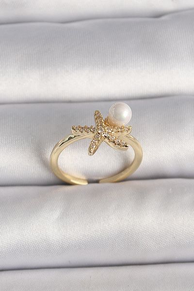 Skygo Brass Gold Color Zircon Stone Starfish Model Pearl Detail Adjustable Ring