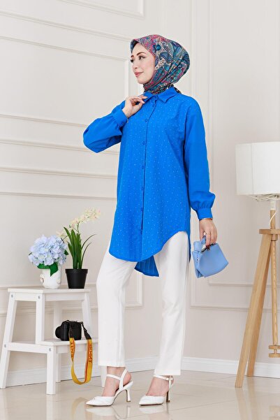 Sevitli Tunica oversize cu detaliu de piatră pe piept-albastru