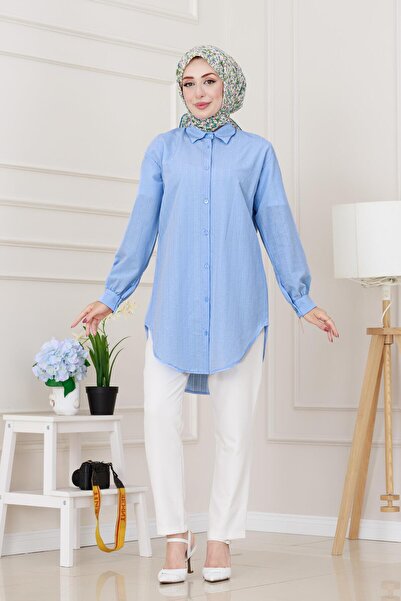 Sevitli Μπλουζάκι με λεπτομέρεια από πέτρα Oversize Tunik-Μωρό μπλε