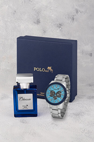 Polo Air Erkek Kol Saati 55ml Parfüm Hediyelik Kutusunda Kombin Gümüş Mavi Re...