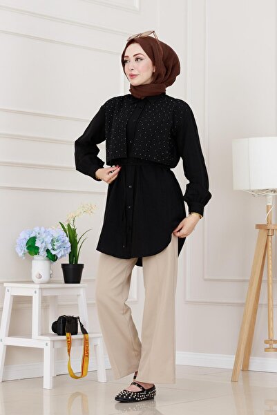 Sevitli Lace-Up Allerli Stone Tunic at the Waist-Black