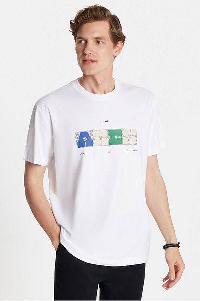 Tudors Relax Fit Relaxed Cut Cotton Front Print Detailed Crew Neck White Men's T-Shirt