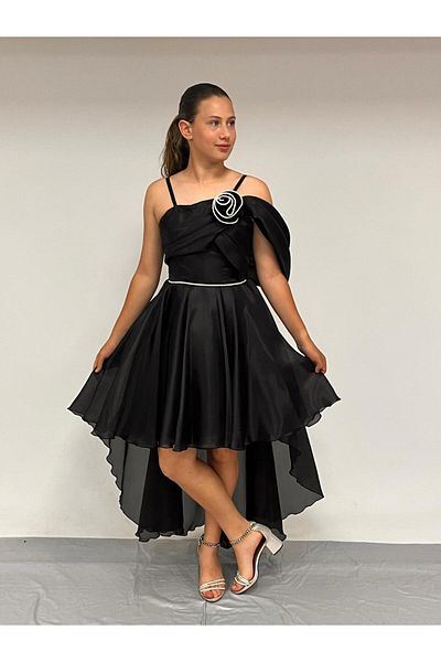 BUTİKHAPPYKİDS Girl's Evening Dress with Straps Black One Shoulder Rose Detailed Tailed Chiffon Evening Dress 10-15 Years