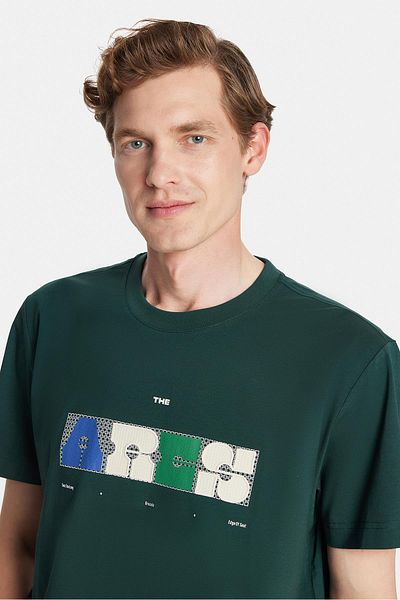 Tudors Relax Fit Relaxed Cut Cotton Front Print Detail Crew Neck Green Men's T-Shirt