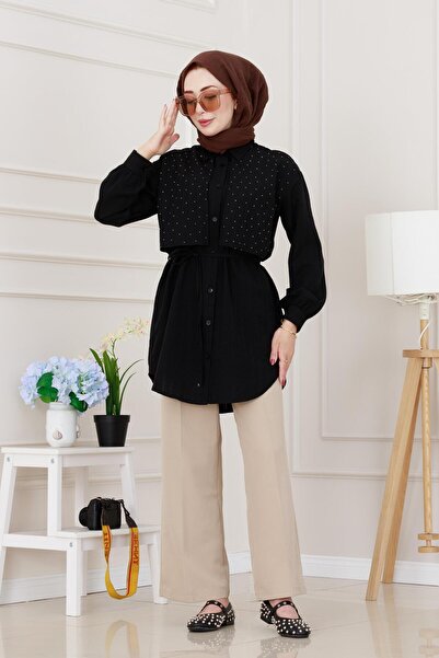 Sevitli Lace-Up Allerli Stone Tunic at the Waist-Black