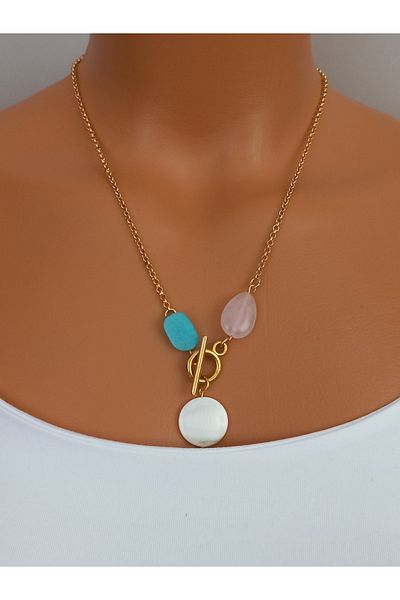 LemaStone Steel Necklace with Natural Stones; Designed on Steel Chain with Amazonite, Pink Quartz and