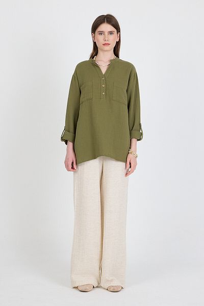 Rays Khaki 100% Cotton Linen Look Judge Collar Tunic Shirt 4698A