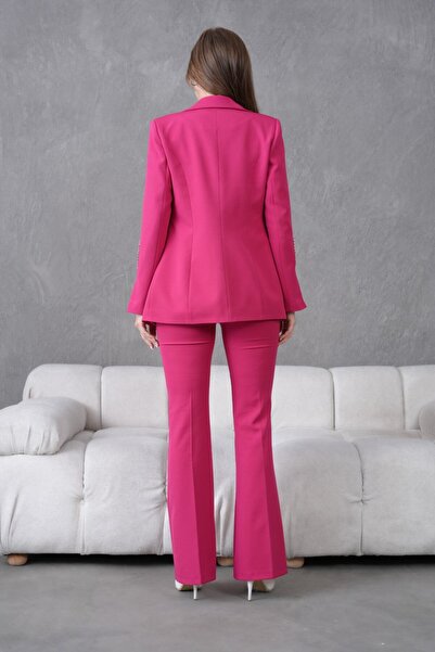 nodilife Kol Aksesuarlı İspanyol Paça Pantolonlu Kadın Takım Elbise Fuşya