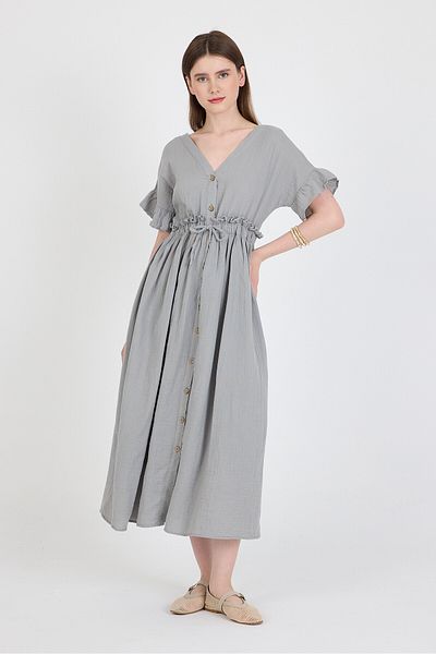 Rays Rochie gri 100% bumbac cu mâneci cu volan, cu nasturi, 4781A