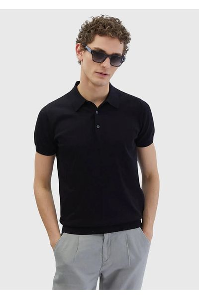 Ramsey Black Polo Neck 100% Cotton Knitwear Sweater