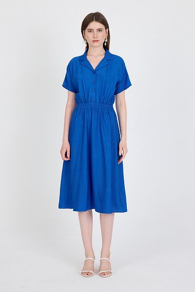Rays Saks Waist Elastic Shirt Collar Short Sleeve Midi Dress 4475A
