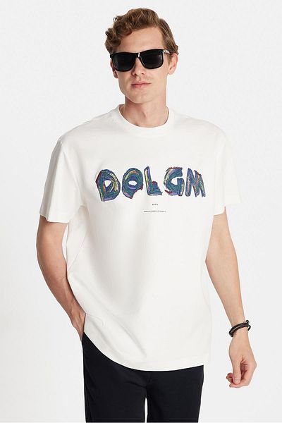 Tudors Relax Fit Relaxed Cut Cotton Front Print and Embroidery Detail Crew Neck Ecru Men's T-Shirt