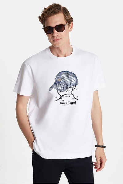 Tudors Relax Fit Relaxed Cut Cotton Front Print and Embroidery Detail Crew Neck White Men's T-Shirt