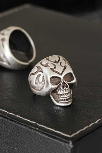 Moco Skull Designed Antique Silver Patterned Adjustable Model Men's Ring