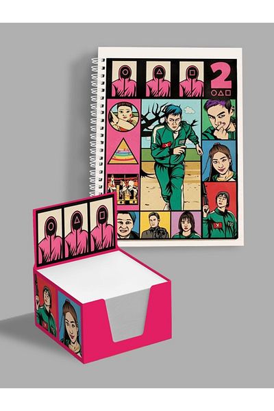 AYKUT OFSET Spiral, Lined Notebook Squid Game A5 Size 75 Sheets (150 Pages) + Cube Block Set
