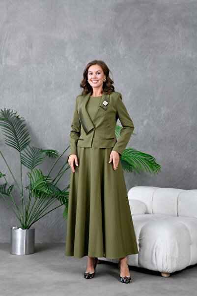 nodilife Crop Ceket Kloş Elbiseli Kadın Takım Elbise Yağ Yeşili