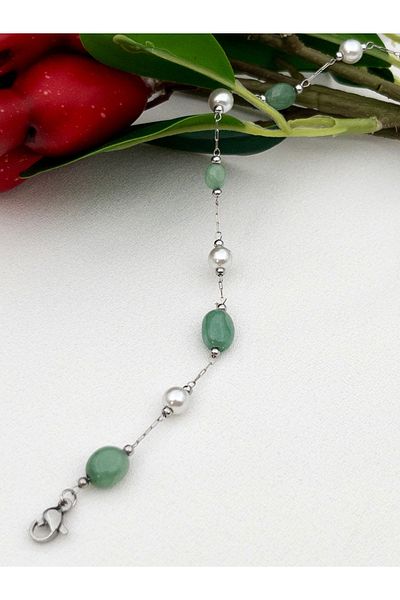 Siya Silver Green Agate Stone Pearl Steel Anklet - Natural Stone Anklet