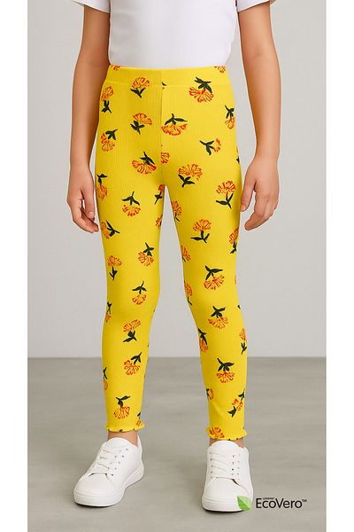 Kyex Pure Dots Girls Summer Floral Print Yellow Leggings
